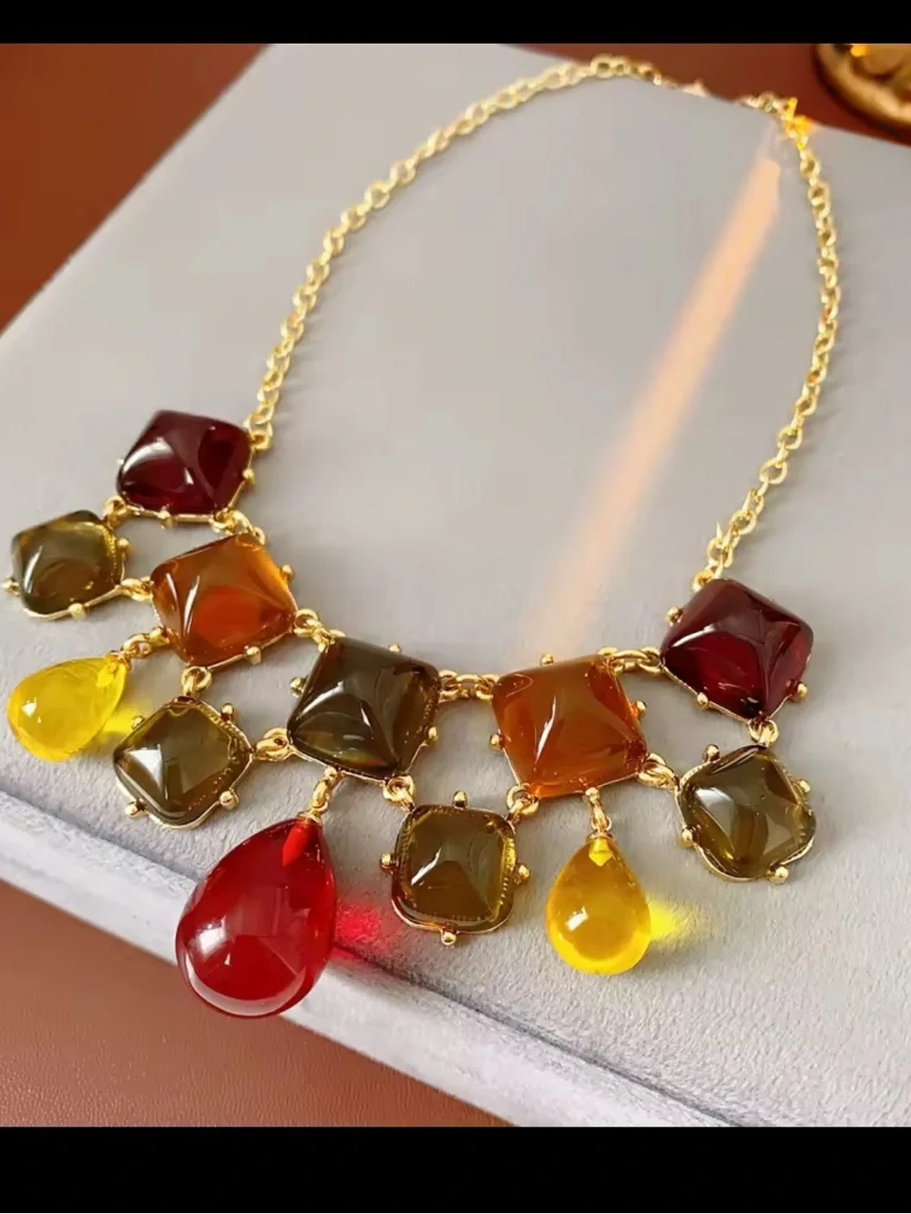 Necklace with Amber, Brown and Burgundy Gem Drops adjustable size
